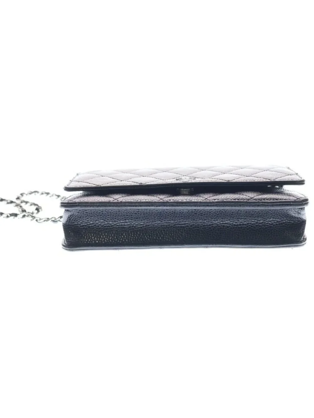 Chanel Quilted Chain Shoulder Wallet Bag Black Caviar Leather Silver